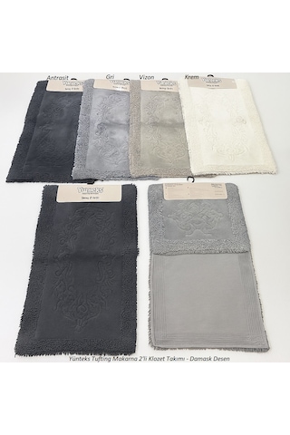 Pamuk Makarna Tufting 2'li Klozet Takımı , Banyo Seti , Damask, V