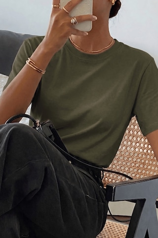 Genıus Store Kadın Tişört Gri Bisiklet Yaka Basic Tişört %100 Pamuk Rahat Kalıp T-shirt Basıc-kadın Haki