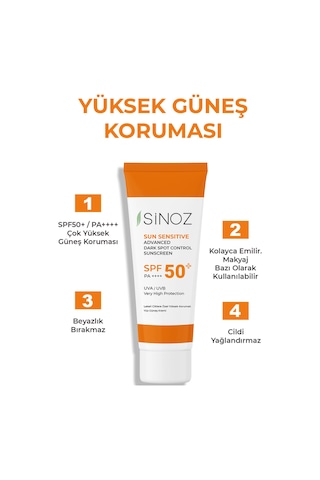 Sinoz Spf 50 Leke Karşıtı Aydınlatıcı Etkili Yüksek Koruyucu Niacinamide İçeren Yüz Güneş Kremi 50 ML