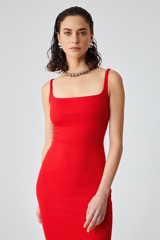Grımelange RINIA Kadın Slim Fit Geniş Yaka Askılı Kırmızı Elbise