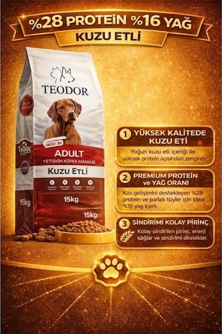 Teodor Kuzu Etli Yetişkin Köpek Maması 15kg %28 Protein %16 Yağ