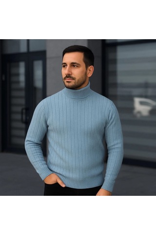 Erkek Balıkcı Yaka Bağazlı Triko Kazak Pamuklu Kalın Fitilli Dokuma, Regular Fit Uzun Kollu Kışlık Model - Bebe Mavisi Mavi