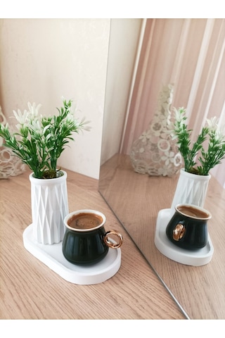 Mini Desenli Beton Saksı Tekli Ve Oval Tabak - Yapay Çiçek Hediyeli - Beyaz