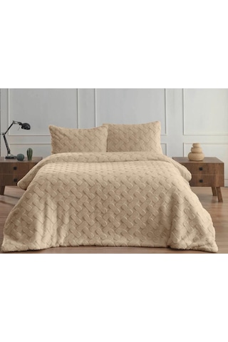 Merinos Diamond Çift Kişilik Yatak Örtüsü Peluş Kürk Yumuşak Comforter Yorgan Seti Bej
