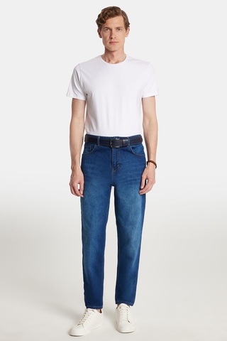 Erkek Relax Fit Geniş Kesim Boru Paça Denim Yıkamalı Taşlamalı Esnek Lacivert Jean Kot Pantolon-34089 Lacivert