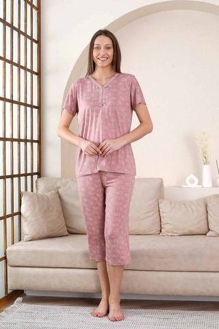 Kadın Gül Kurusu V Yaka Dantel Detay Viskon 3 Düğmeli Kısa Kol Yazlık Kapri Pijama Takımı Gül Kurusu