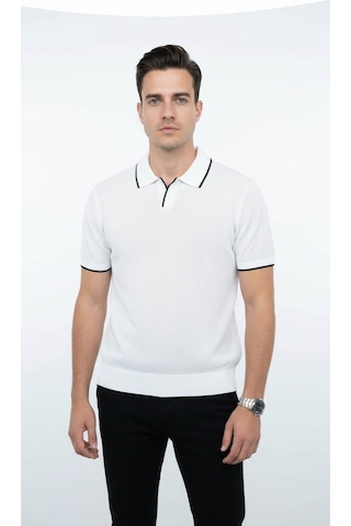 Plus Scorpion Erkek Pike Dokulu Triko Polo Yaka Tişört Slim Fit Şerit Detaylı Yazlık Model Beyaz