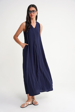 4700 Kadın V Yaka Önü Pileli Elbise Lacivert Lacivert