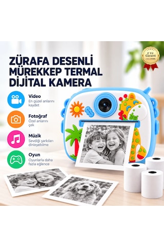 BLUE-3 Anında Baskılı Çocuk Fotoğraf Makinesi ,5 Fonksiyonlu, Video Özellikli Zürafa Desenli Kamera-1801