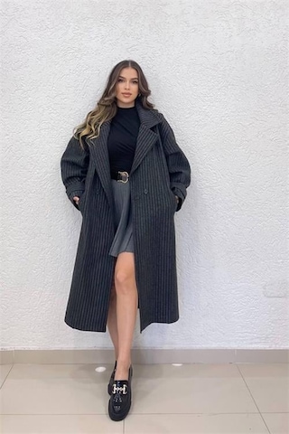 Dip Moda Kadın Siyah Çizgili Oversize Kaşe Kaban Dpnbshnz08 Siyah