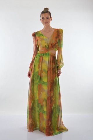 Explosion V Yaka Uzun Kol Maxi Şifon Elbise - Bohemian Stil Fıstık Yeşili