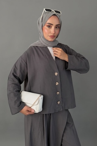 Norshen Kruvaze Kesim Düğmeli Bluz & Etek Görünümlü Geniş Paça Pantolon - Keten Takım gri