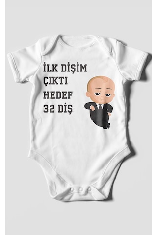 Morivokids İlk Dişim Çıktı Hedef 32 Diş Kısa Kollu Bebek Body Beyaz