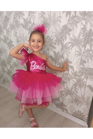 Pembe Barbie Elbise Tek Kollu Pembe