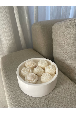 Beton Saksıda Çiçekli Paculi Ve Vanilya Kokulu Soya Mum Beyaz