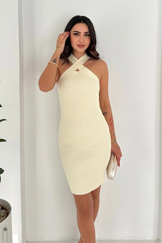 Asprin Fashion Çapraz Yaka Triko Elbise Ekru Ekru