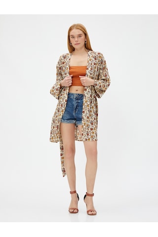 Koton Çiçekli Kimono Kuşaklı Midi Boy Kahverengi Desenli 3sak50164uw 3SAK50164UW5D1 Kahverengi