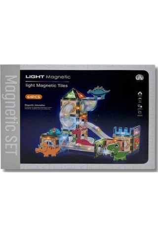 Magnetic Işıklı Manyetik Blok 64 Parça Dinozor Temalı Yapı Oyuncak Seti 3+ Eğitici Zeka Oyunu