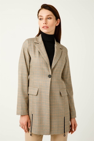 Ekose Desenli Fermuar Detaylı Blazer Ceket Bej-bej Bej