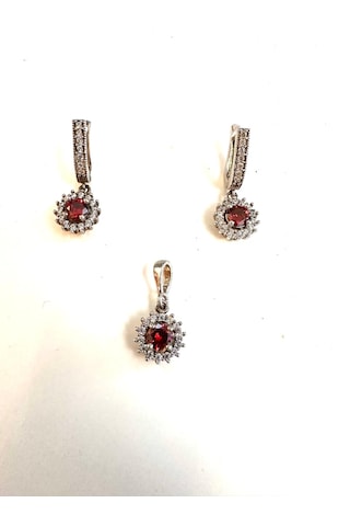 Lal Ve Zirkon Taşlı Gümüş Set Takım 925 Ayar 7,55 Gram