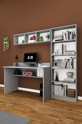 Asra Trend Çalışma Masası Seti ÇMT001 %100 MDF Kitaplıklı Raflı Ofis Takımı Kül Gri