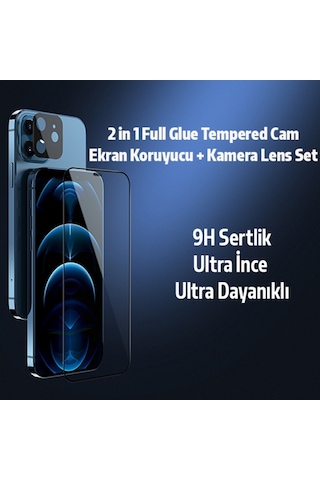 Apple Uyumlu iPhone 12 Mini 2In1 Full Glue Tempered Cam Ekran Koruyucu Siyah (500283146)