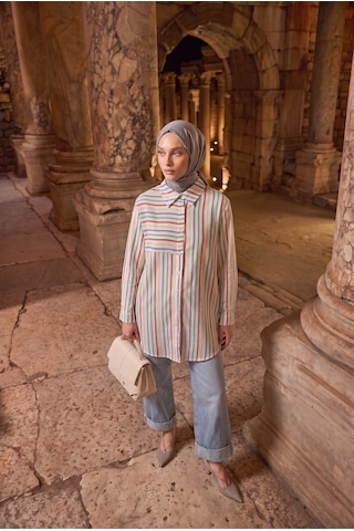 Armine Trend Çizgili Asimetrik Blok Detaylı Düğmeli Uzun Kollu Oversize Gömlek Tunik 90 Cm Boy Oranj 26yt490