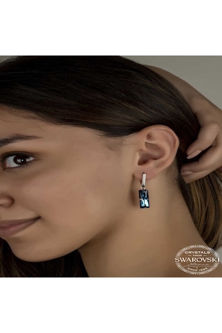Swarovski Crystal Taşlı Gümüş Mavi Baget Sallantılı Kadın Küpe Diğer
