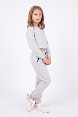 Panios Kids 2'li Yuvarlak Yakalı Beli Lastikli Crop Kesim 4 Parça Kız Çocuk Alt Üst Eşofman Takımı Gri - Lacivert