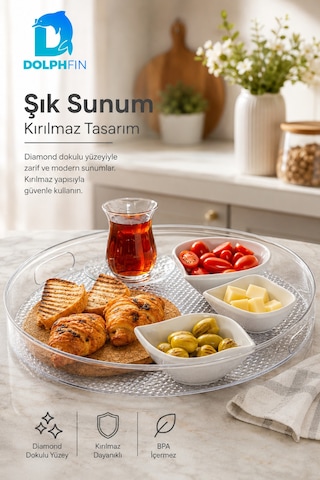 Diamond Kırılmaz Yuvarlak Servis Tepsisi 39 Cm Kulplu Kaymaz Şeffaf Bpa İçermez
