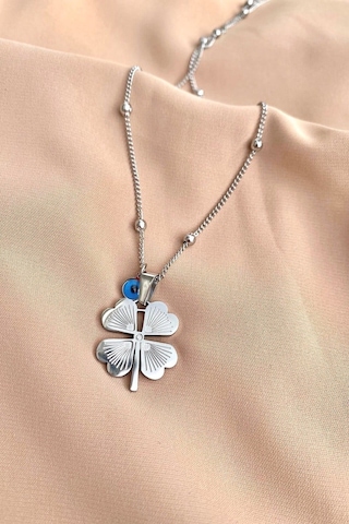 Gümüş Renk 4 Yapraklı Yonca Arpa Zincir Kararmaz Paslanmaz Kadın Kolye Gümüş