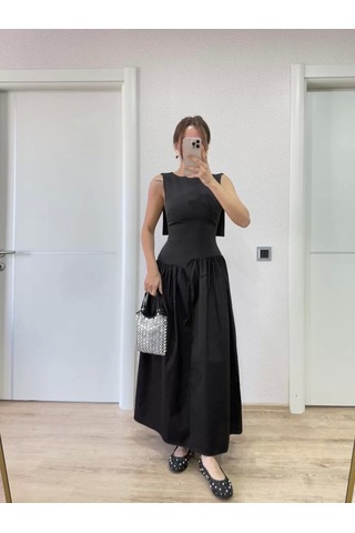 Krep Arkası Kanat Arka Ön Pens Detaylı Uzun Kadın Elbise - Siyah Siyah