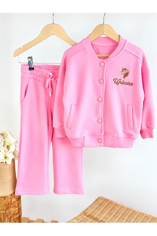 Elzo Collection Kız Çocuk Unicorn Nakış İşlemeli Pembe Kolej Ceket Eşofman Alt Üst Takım