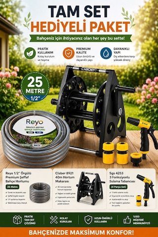 Claber 8921 40m Hortum Makarası + 25m Bahçe Hortumu + 3 Fonksiyonlu Sulama Tabancası, Tam Set