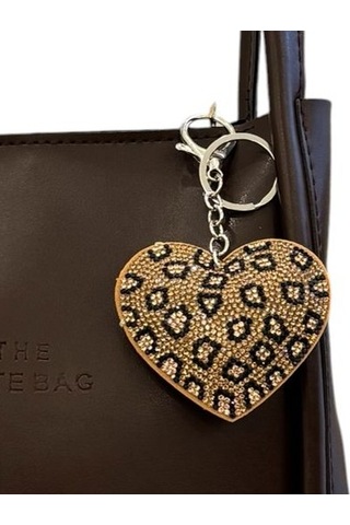 Leopar Desenli Taşlı Kalp Charm Çanta Aksesuarı Anahtarlık
