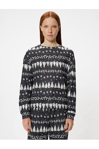 Koton Yılbaşı Temalı Pijama Üstü Baskılı Uzun Kollu Bisiklet Yaka Siyah Desenli 5wlk40007mk Siyah