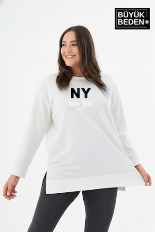 Süperlife Kadın Tunik Büyük Beden Ny Newyork Baskılı İnce Sweatshırt Spr26btk990-1 Ecru