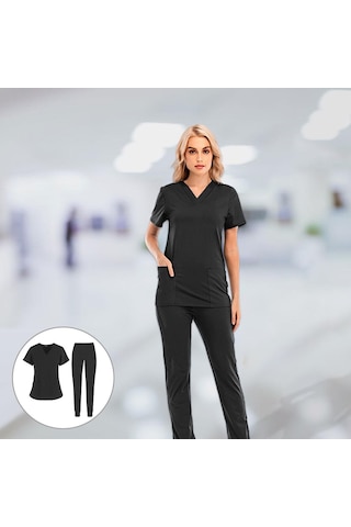 Homyl Rahat Hemşirelik Ovma Seti Spa Üniformaları Moda M-siyah