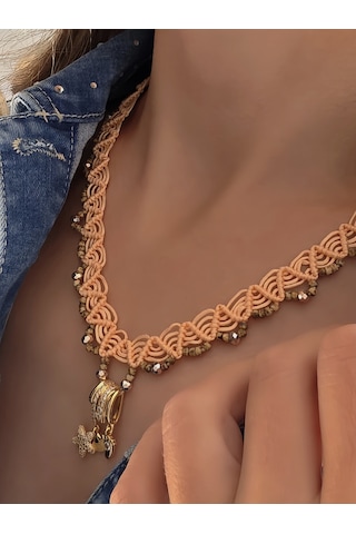 Makrome Bohem İp Örme Siyah El Yapımı Bağlamalı Kolye Pembe