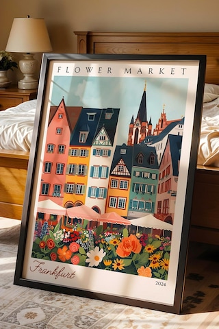 Frankfurt Almanya Çerçeveli Tablo Seyahat Severlere Salon Ve Ofis İçin Estetik Duvar Dekoru Travel Flower Market