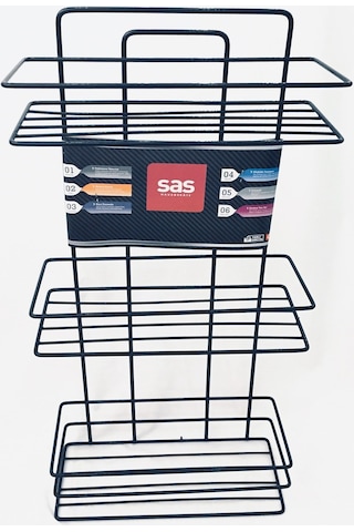 3 Katlı Siyah Yapışkanlı Banyo Rafı, 2 Kancalı Şampuanlık Düzenleyici, Paslanmaz Metal Banyo Askısı - TŞ-03