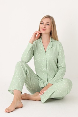 Nbb Kadın Yeşil Moon And Stars Önden Düğmeli Pijama Takım YESIL