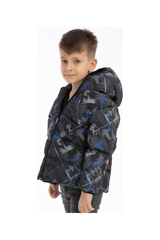 Erkek Çocuk Saks Antrasit Dijital Desen İçi Polar Su Ve Rüzgar Geçirmez Kapüşonlu Şişme Kışlık Mont Antrasit - Saks Mavi