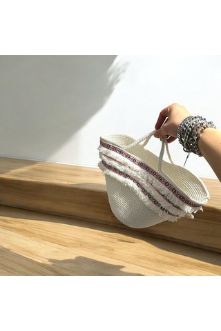 Hasır Çanta, Plaj Çantası, Tasarım Çanta, Ekru Pembe Şeritli El Çantası Ekru