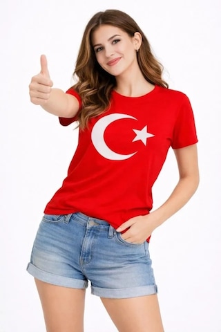 Defymoda T-shirt Kısa Kol Bisiklet Yaka Ay Yıldız Bayrak Baskılı Tişört - Kırmızı