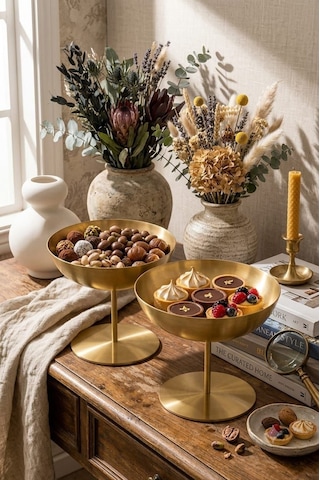 Lüks İnce Ayaklı Gold Metal Çerezlik Ve Sunumluk İkili Set - Dekoratif Tatlılık Ve İkramlık Kasesi