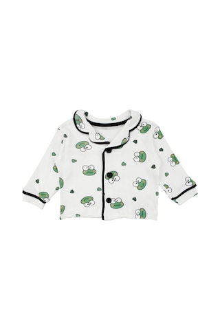 Bebegen Unisex Ekru Yeşil Kurbağa Desenli Kruvaze Yaka Pijama Takımı Çok Renkli