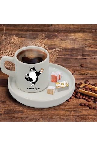 Bir Mola Kahve Molası Ver Tasarımlı Türk Kahve Fincanı Ve Altı Beyaz