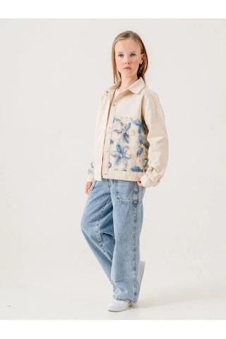 Kız Çocuk Çiçek İşlemeli Kot Ceket T-shirt İkili Takım-15600 Bej