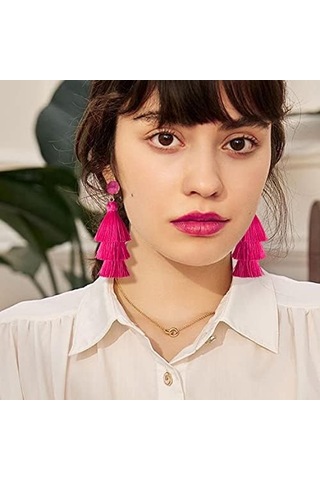 Gül Katmanlı Püskül Küpeler, Bohem Sarkan Damla Küpeler, Han Pembe